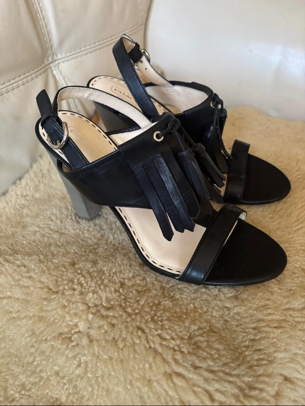 Coach Black Leather Tassel Slingback Sandals with Ankle Strap - Picture 3 of 11